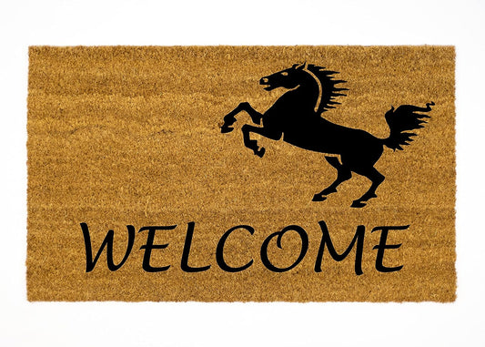 MaxEcor Welcome Black Horse Non Slip Doormat Entryway Outdoor Floor Mat Easy Clean Home Decor Housewarming Wedding New House Birthday Gift Door Rug Brown Mat with Black Font